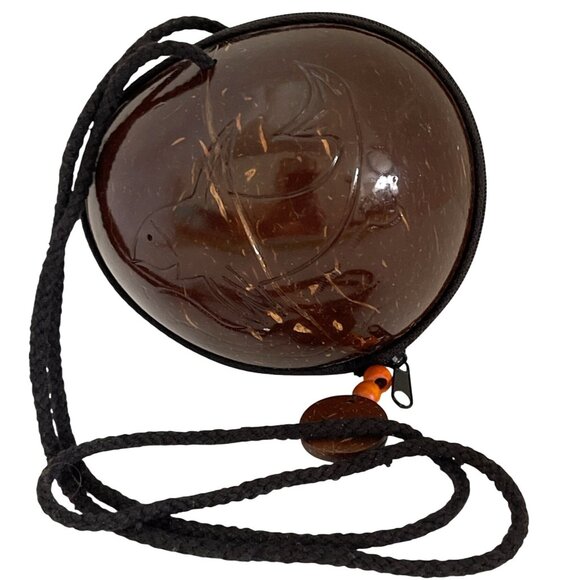 Shoulder Clutch Purse Brown Coconut Shell Carved Fish Zipper Close Lined Vintage - Picture 7 of 10